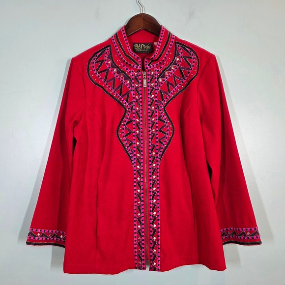Bob Mackie Jackets & Blazers - Bob Mackie Wearable Art Red Embroidered Zip Up Jacket Mock Neck Medium
